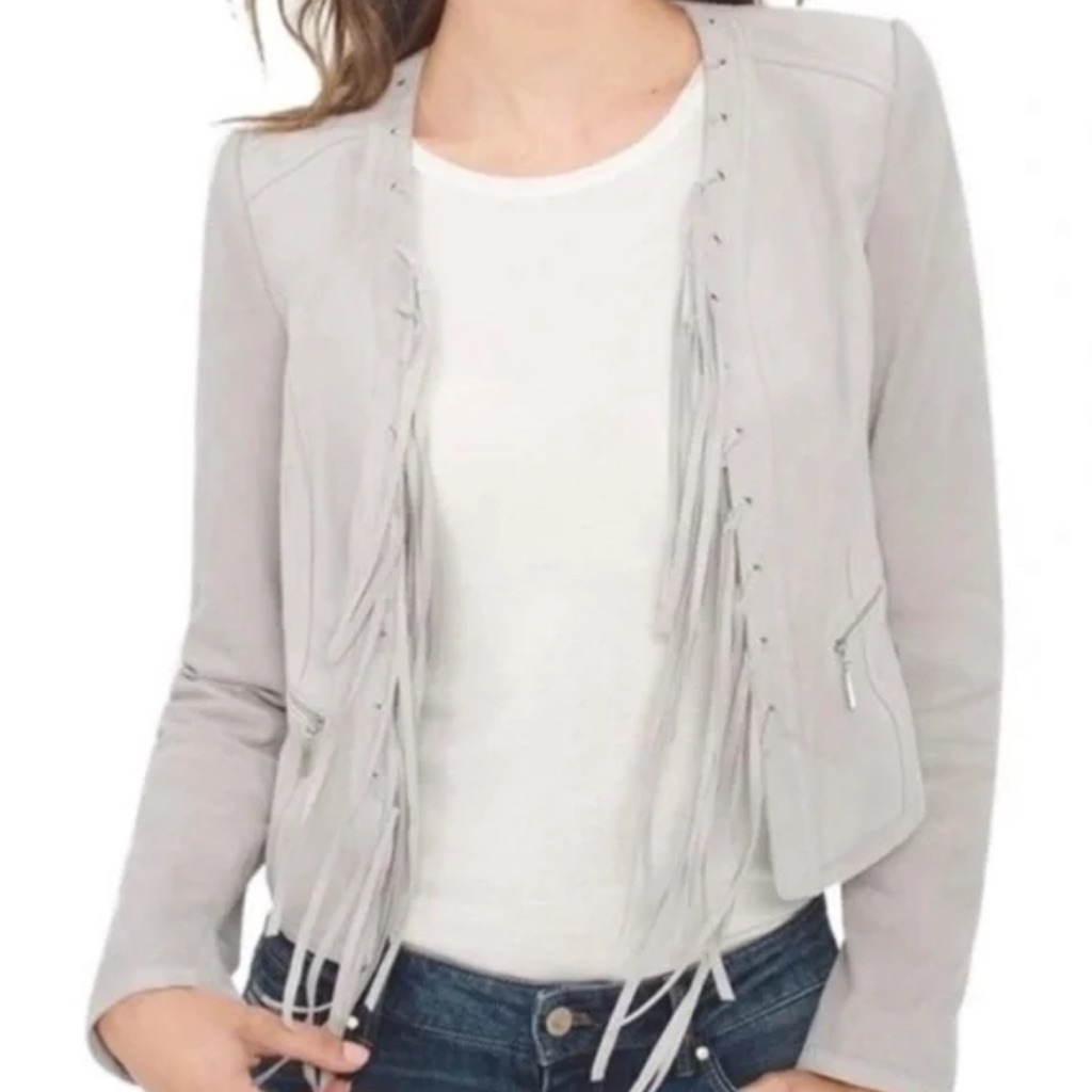 Whitehouseablackmarket Light Gray Genuine Suede Jacket W/Fringe Lace Up Size L